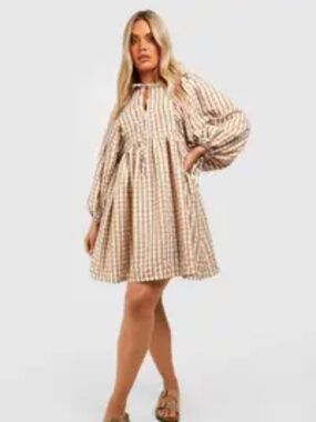 Plus Gingham Textured Blouse Sleeve Smock Dress